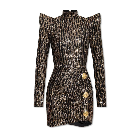 Balmain Strong-Shoulder Mini Dress 40/US 8 Gold Black Sequin Back Zip NWT $3650 - Picture 1 of 14